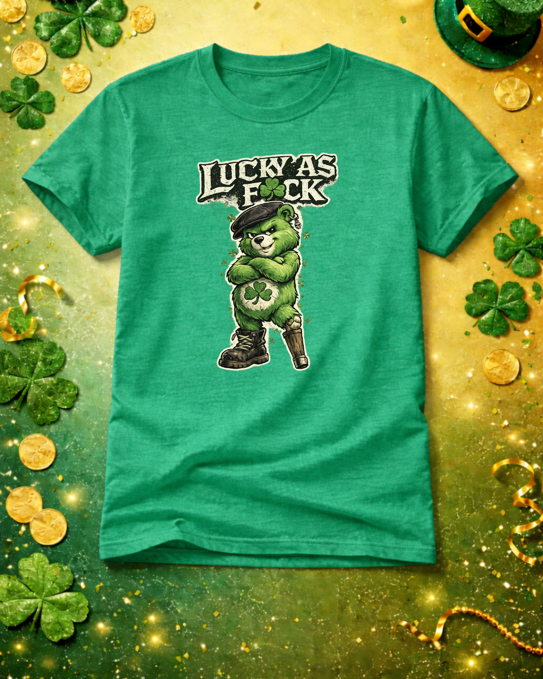 Lucky As F🍀ck Punk Bear T-Shirt | Unisex Gildan 64000 | St. Patrick’s Day Graphic Tee