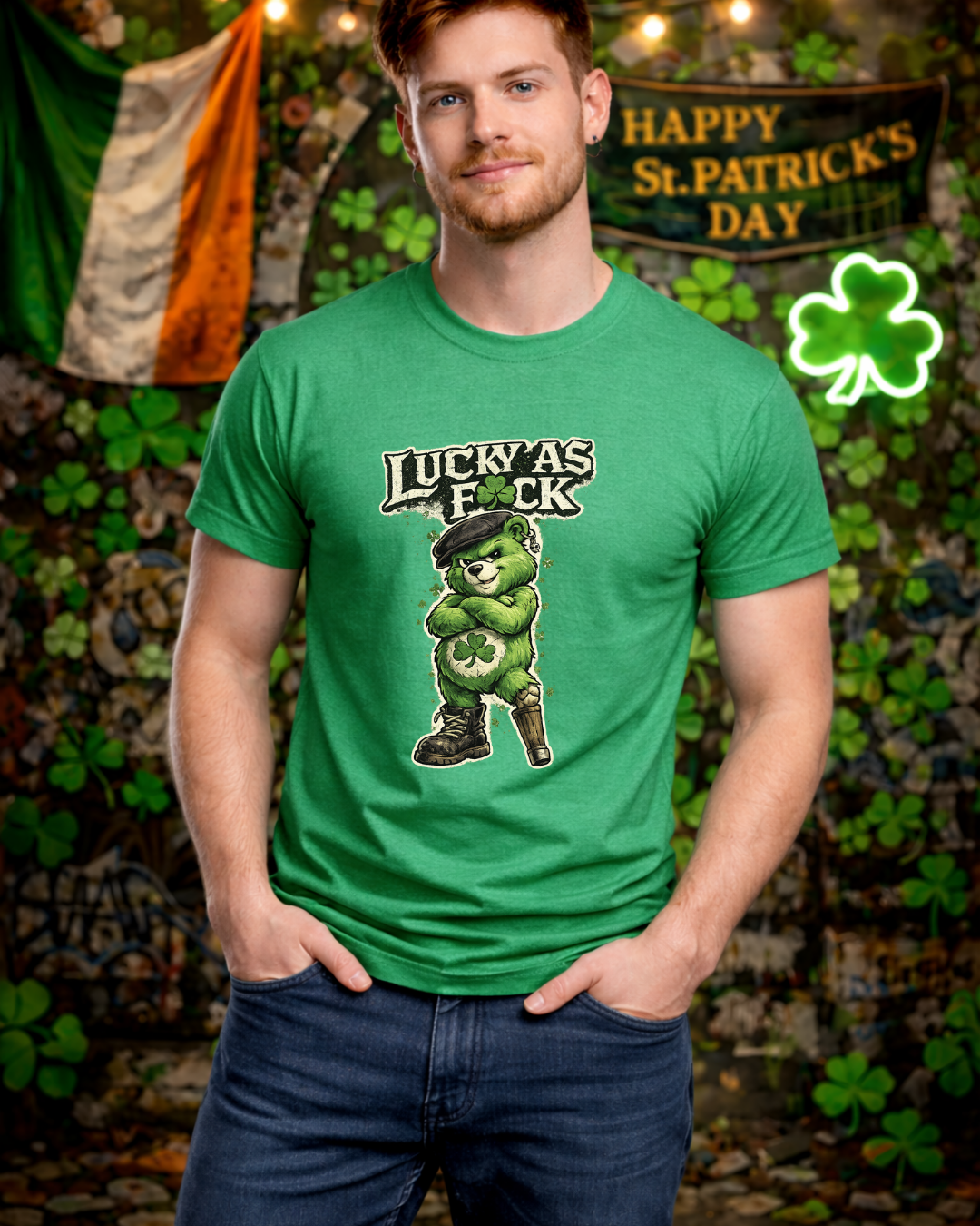 Lucky As F🍀ck Punk Bear T-Shirt | Unisex Gildan 64000 | St. Patrick’s Day Graphic Tee