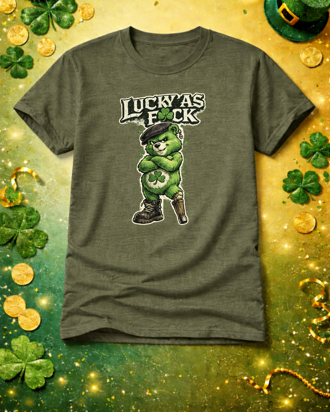 Lucky As F🍀ck Punk Bear T-Shirt | Unisex Gildan 64000 | St. Patrick’s Day Graphic Tee