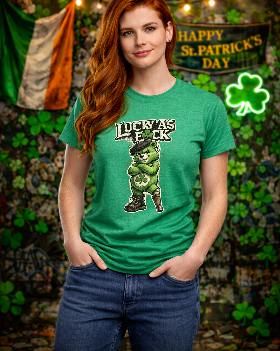 Lucky As F🍀ck Punk Bear T-Shirt | Unisex Gildan 64000 | St. Patrick’s Day Graphic Tee