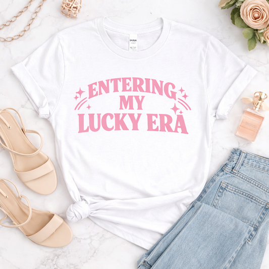 Entering My Lucky Era Shirt – Lucky Girl Aesthetic Graphic Tee, Soft Pink Positive Quote T-Shirt for Women