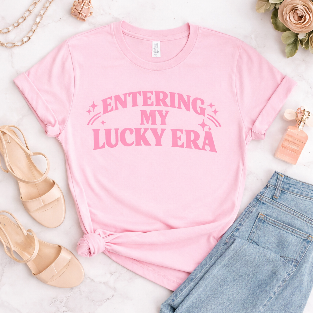 Entering My Lucky Era Shirt – Lucky Girl Aesthetic Graphic Tee, Soft Pink Positive Quote T-Shirt for Women