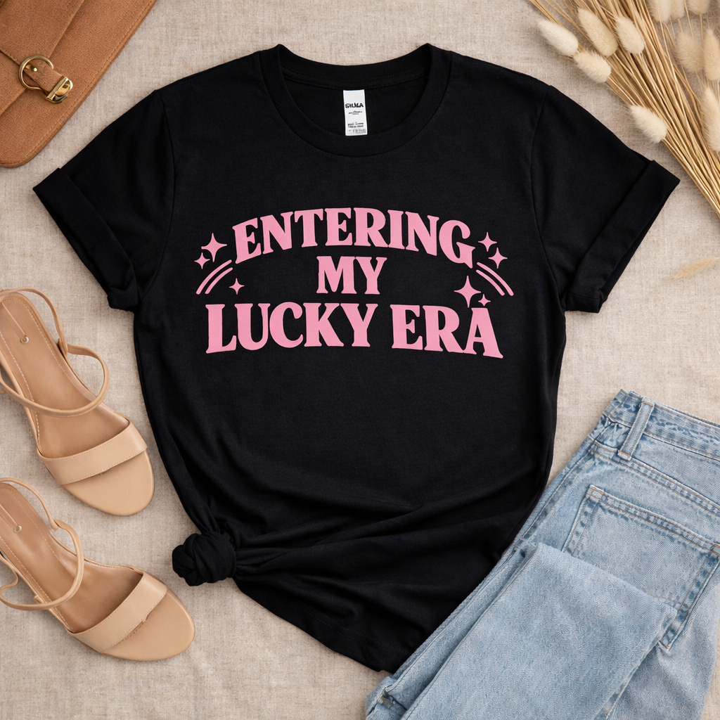 Entering My Lucky Era Shirt – Lucky Girl Aesthetic Graphic Tee, Soft Pink Positive Quote T-Shirt for Women