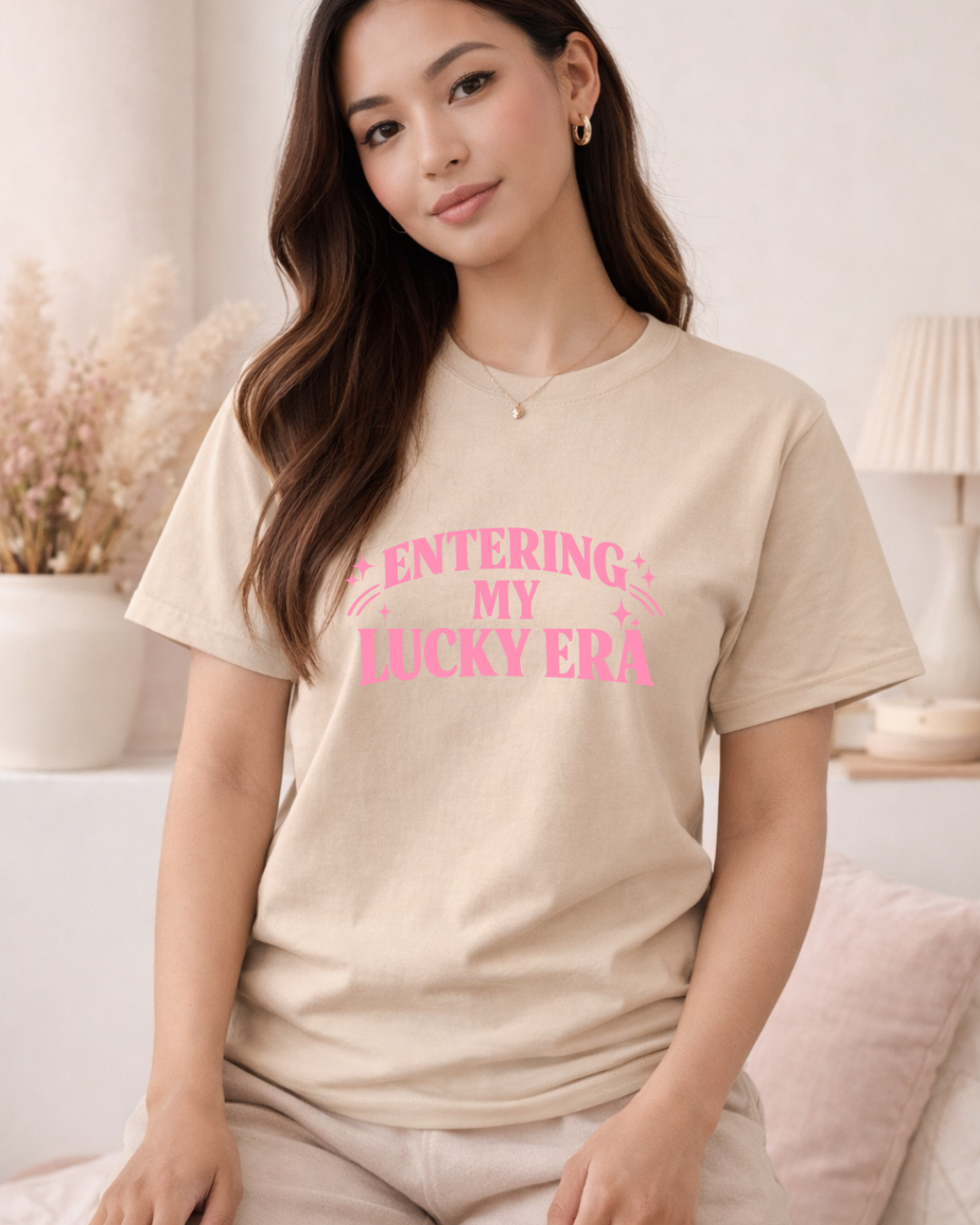 Entering My Lucky Era Shirt – Lucky Girl Aesthetic Graphic Tee, Soft Pink Positive Quote T-Shirt for Women