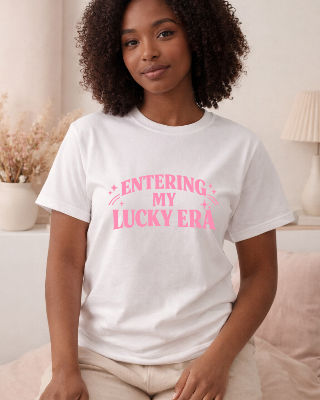 Entering My Lucky Era Shirt – Lucky Girl Aesthetic Graphic Tee, Soft Pink Positive Quote T-Shirt for Women