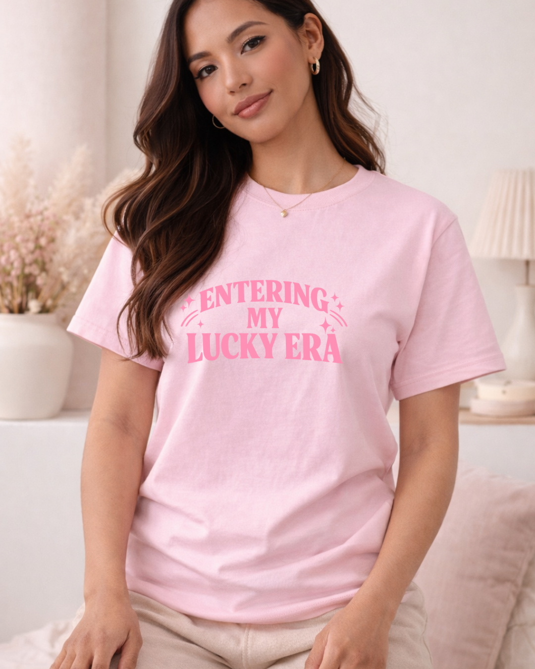 Entering My Lucky Era Shirt – Lucky Girl Aesthetic Graphic Tee, Soft Pink Positive Quote T-Shirt for Women