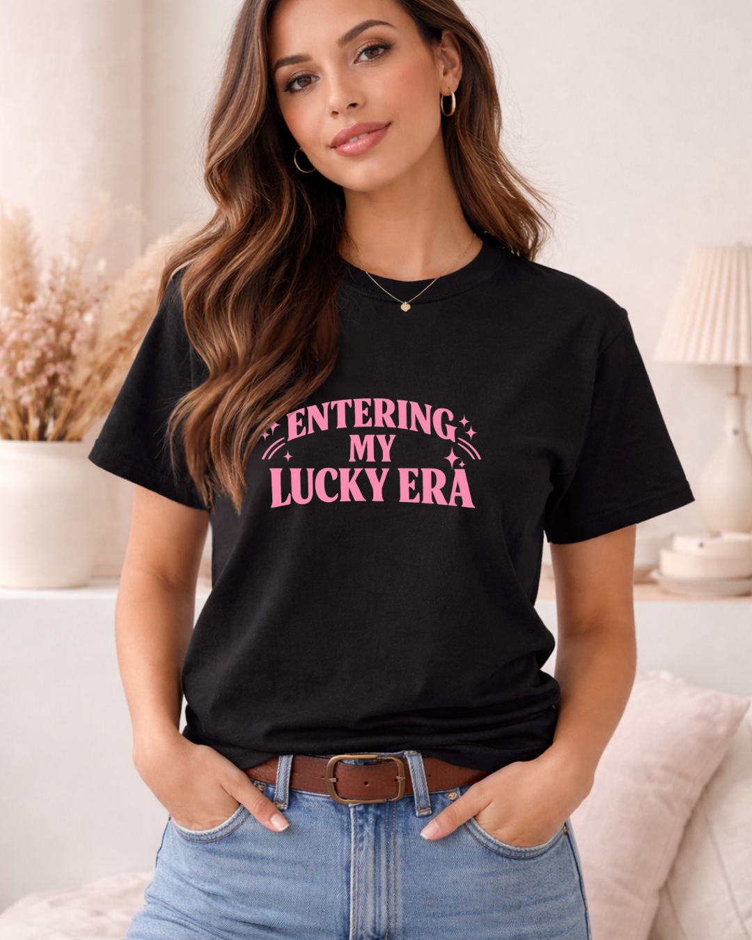 Entering My Lucky Era Shirt – Lucky Girl Aesthetic Graphic Tee, Soft Pink Positive Quote T-Shirt for Women