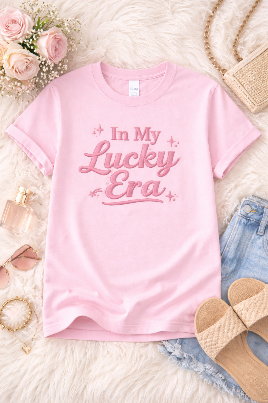 In My Lucky Era Shirt – Pink Script Lucky Girl Aesthetic Tee, Positive Quote Graphic T-Shirt for Women