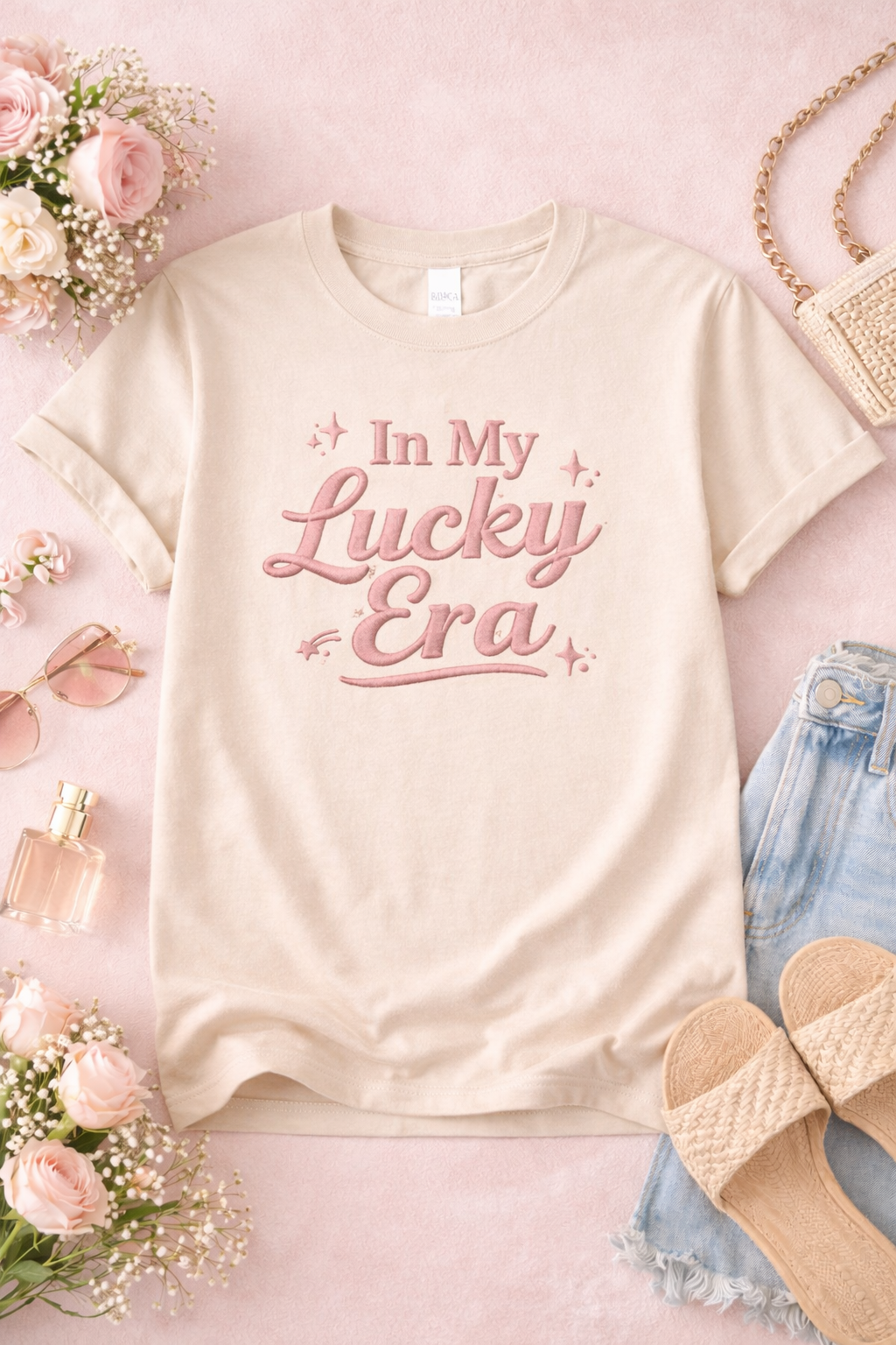 In My Lucky Era Shirt – Pink Script Lucky Girl Aesthetic Tee, Positive Quote Graphic T-Shirt for Women
