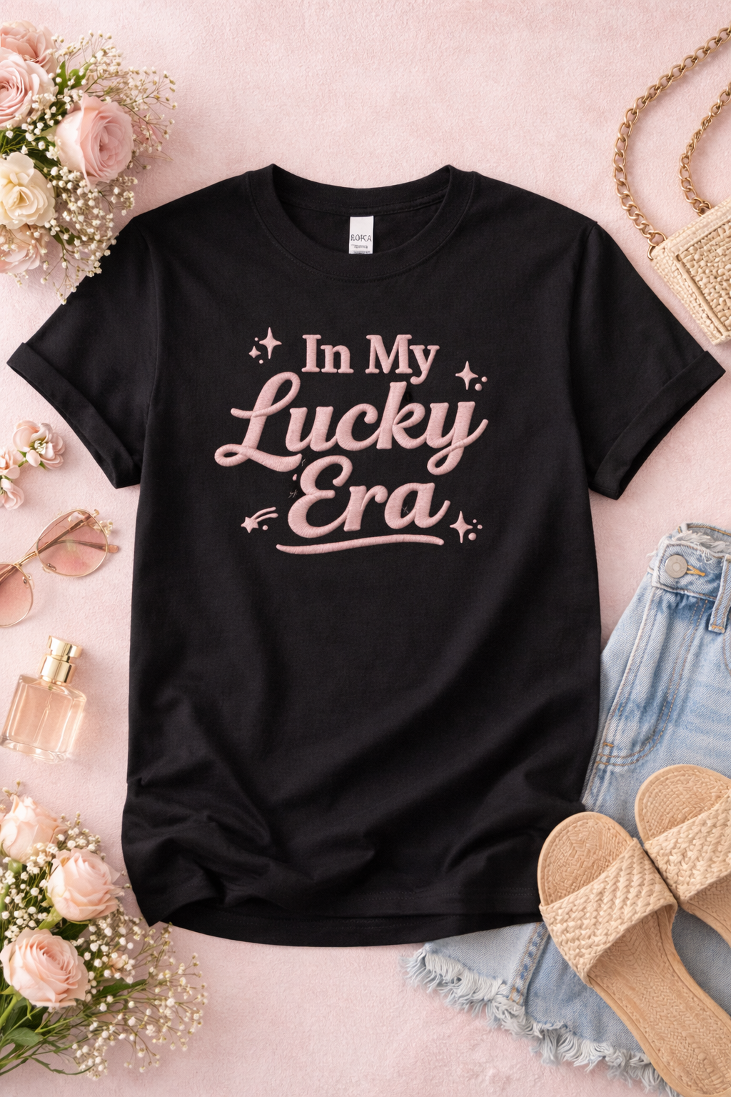 In My Lucky Era Shirt – Pink Script Lucky Girl Aesthetic Tee, Positive Quote Graphic T-Shirt for Women