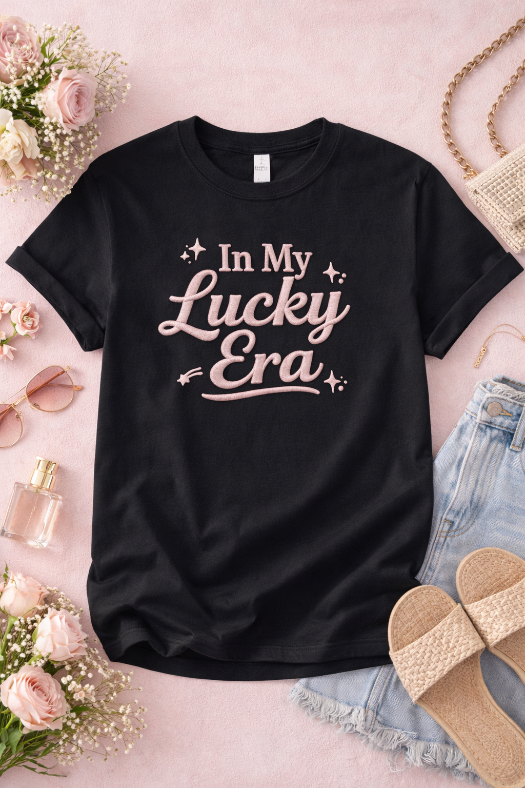 In My Lucky Era Shirt – Pink Script Lucky Girl Aesthetic Tee, Positive Quote Graphic T-Shirt for Women