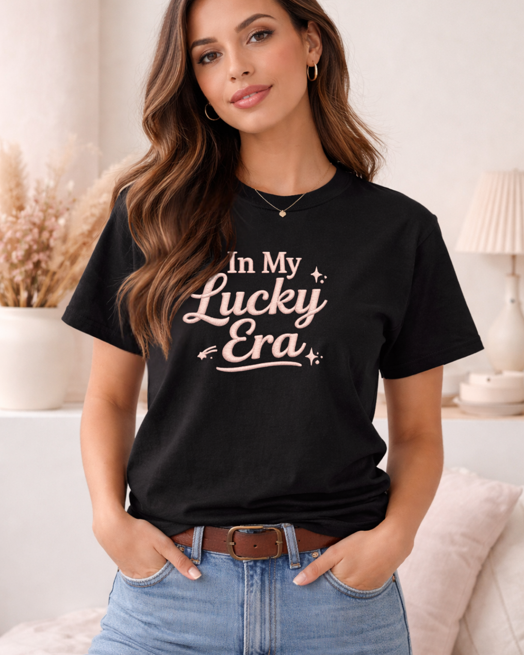 In My Lucky Era Shirt – Pink Script Lucky Girl Aesthetic Tee, Positive Quote Graphic T-Shirt for Women