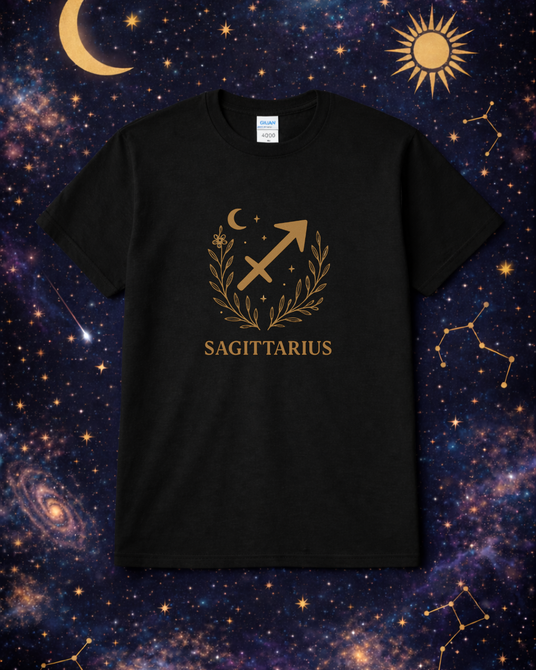Sagittarius Zodiac Shirt – Gold Celestial Astrology Tee – December Birthday Gift – Unisex Gildan 64000 Softstyle T-Shirt