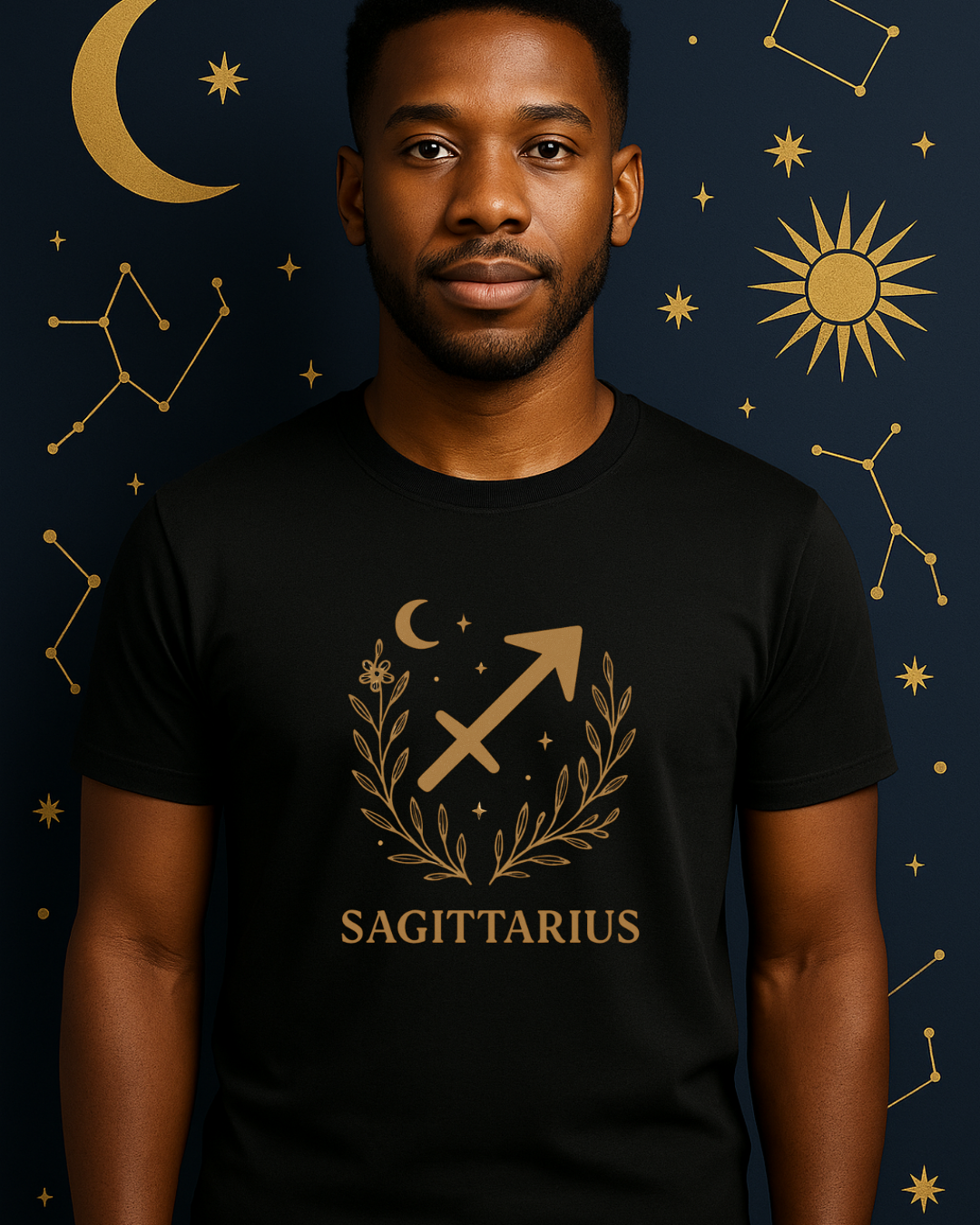 Sagittarius Zodiac Shirt – Gold Celestial Astrology Tee – December Birthday Gift – Unisex Gildan 64000 Softstyle T-Shirt