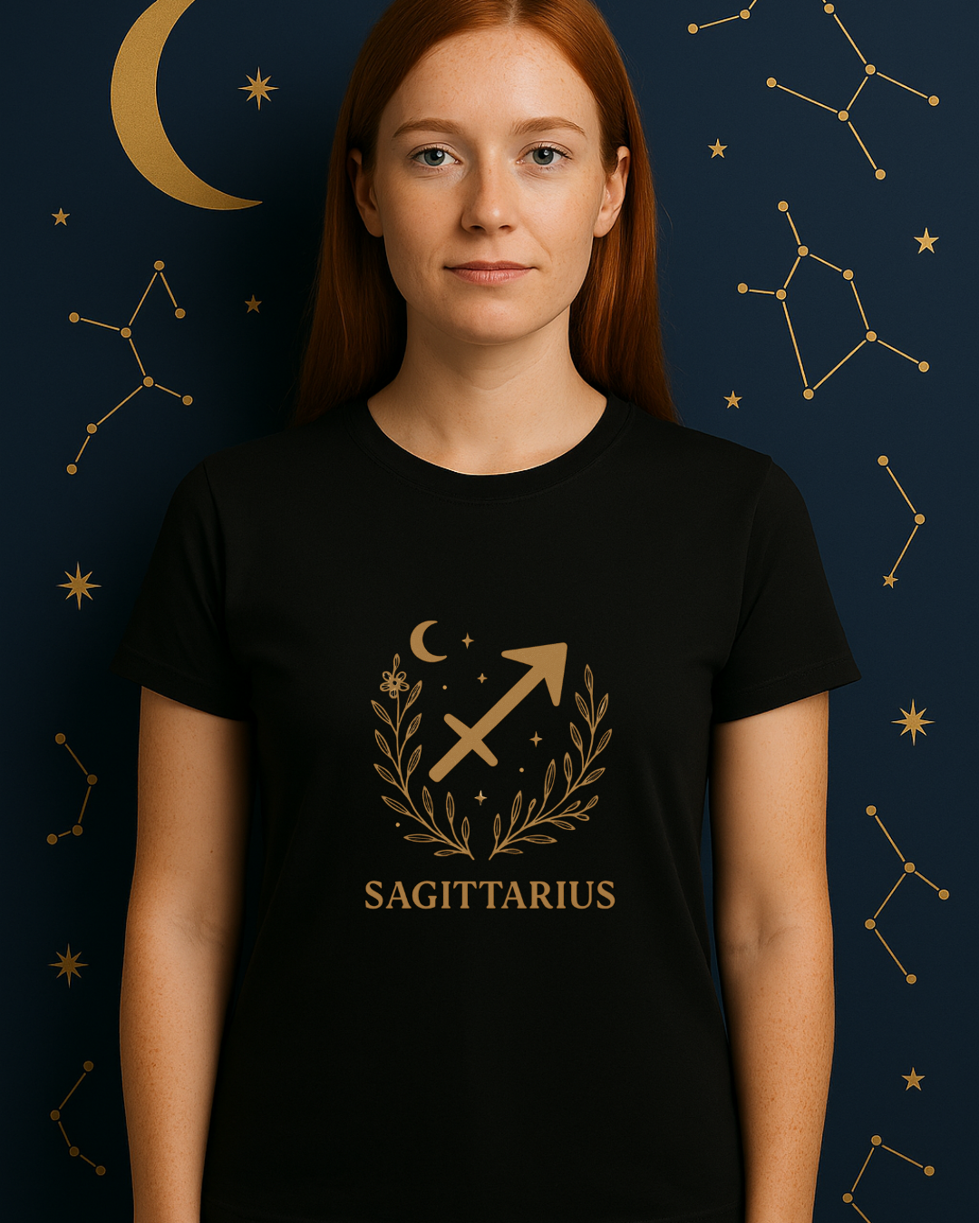 Sagittarius Zodiac Shirt – Gold Celestial Astrology Tee – December Birthday Gift – Unisex Gildan 64000 Softstyle T-Shirt