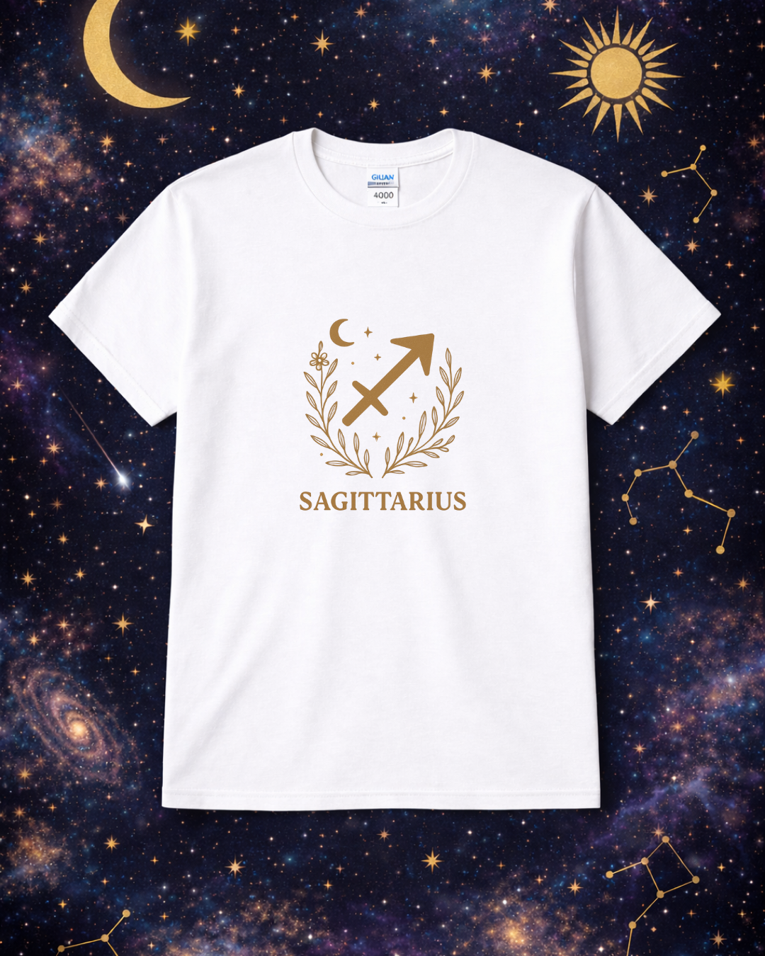 Sagittarius Zodiac Shirt – Gold Celestial Astrology Tee – December Birthday Gift – Unisex Gildan 64000 Softstyle T-Shirt
