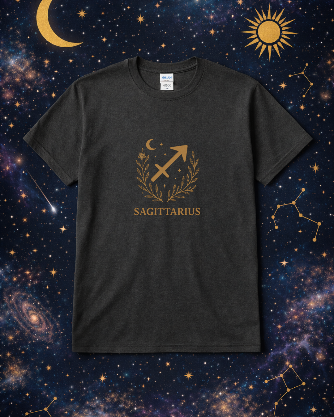Sagittarius Zodiac Shirt – Gold Celestial Astrology Tee – December Birthday Gift – Unisex Gildan 64000 Softstyle T-Shirt