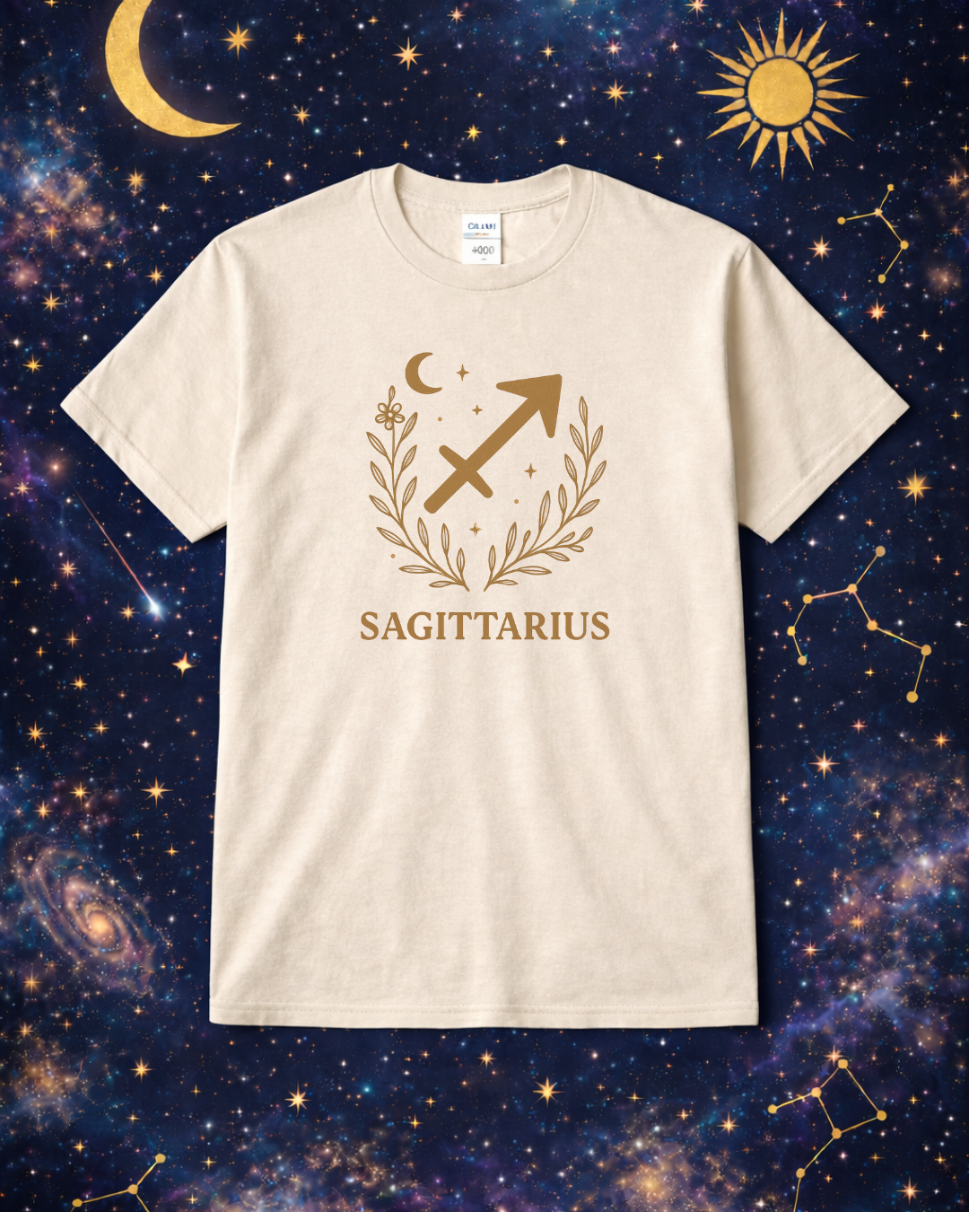 Sagittarius Zodiac Shirt – Gold Celestial Astrology Tee – December Birthday Gift – Unisex Gildan 64000 Softstyle T-Shirt