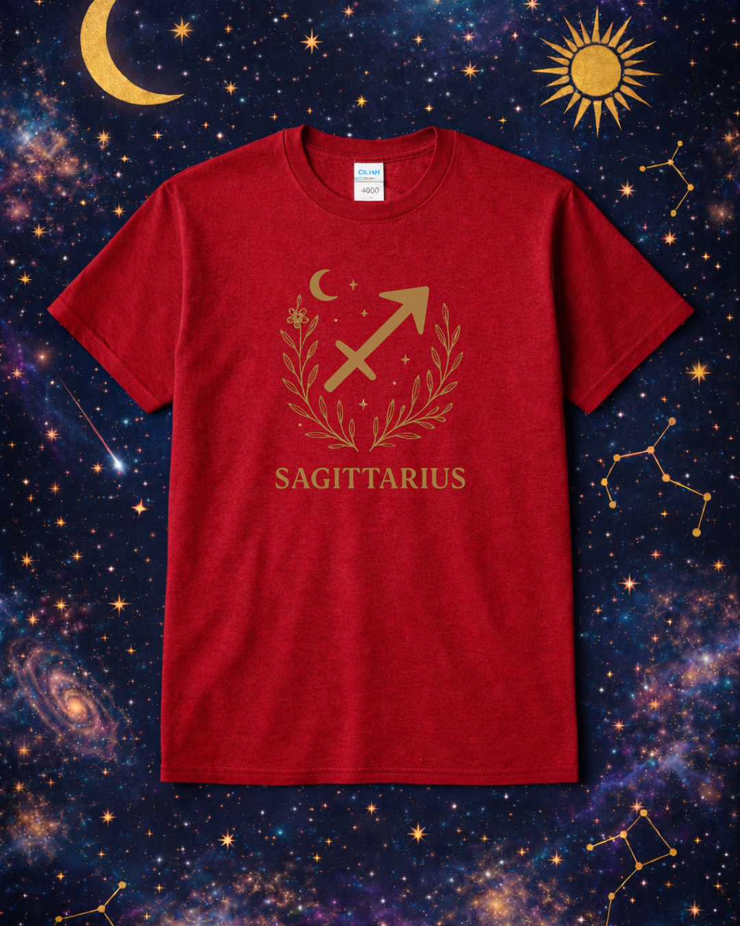Sagittarius Zodiac Shirt – Gold Celestial Astrology Tee – December Birthday Gift – Unisex Gildan 64000 Softstyle T-Shirt