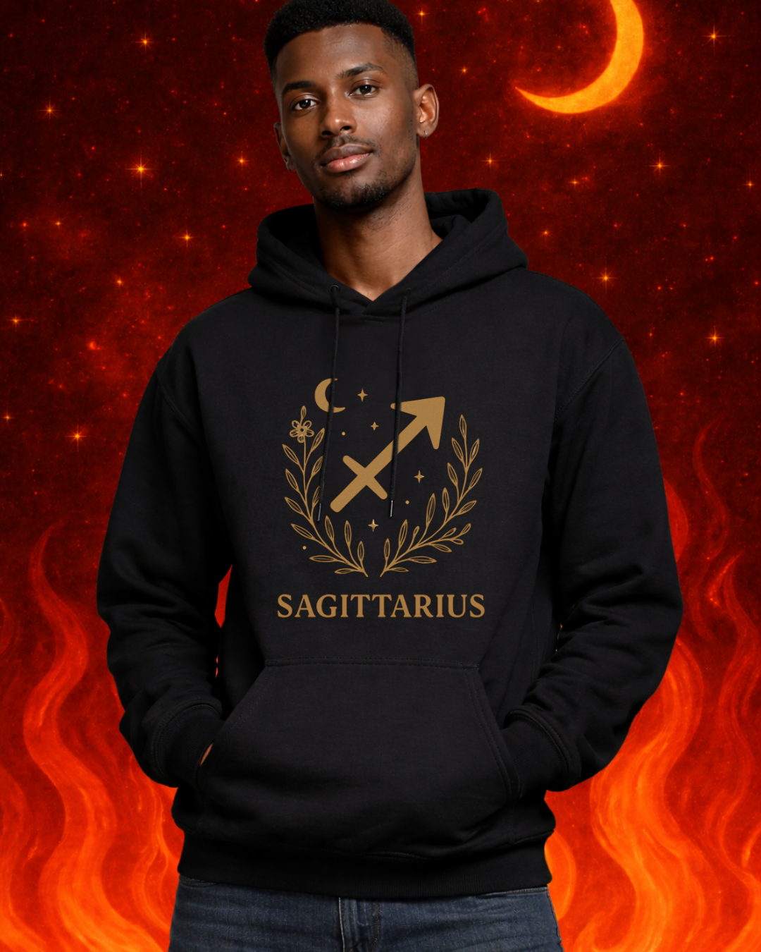 Sagittarius Zodiac Hoodie – Gold Celestial Archer Design on Gildan 18500 Unisex Astrology Sweatshirt