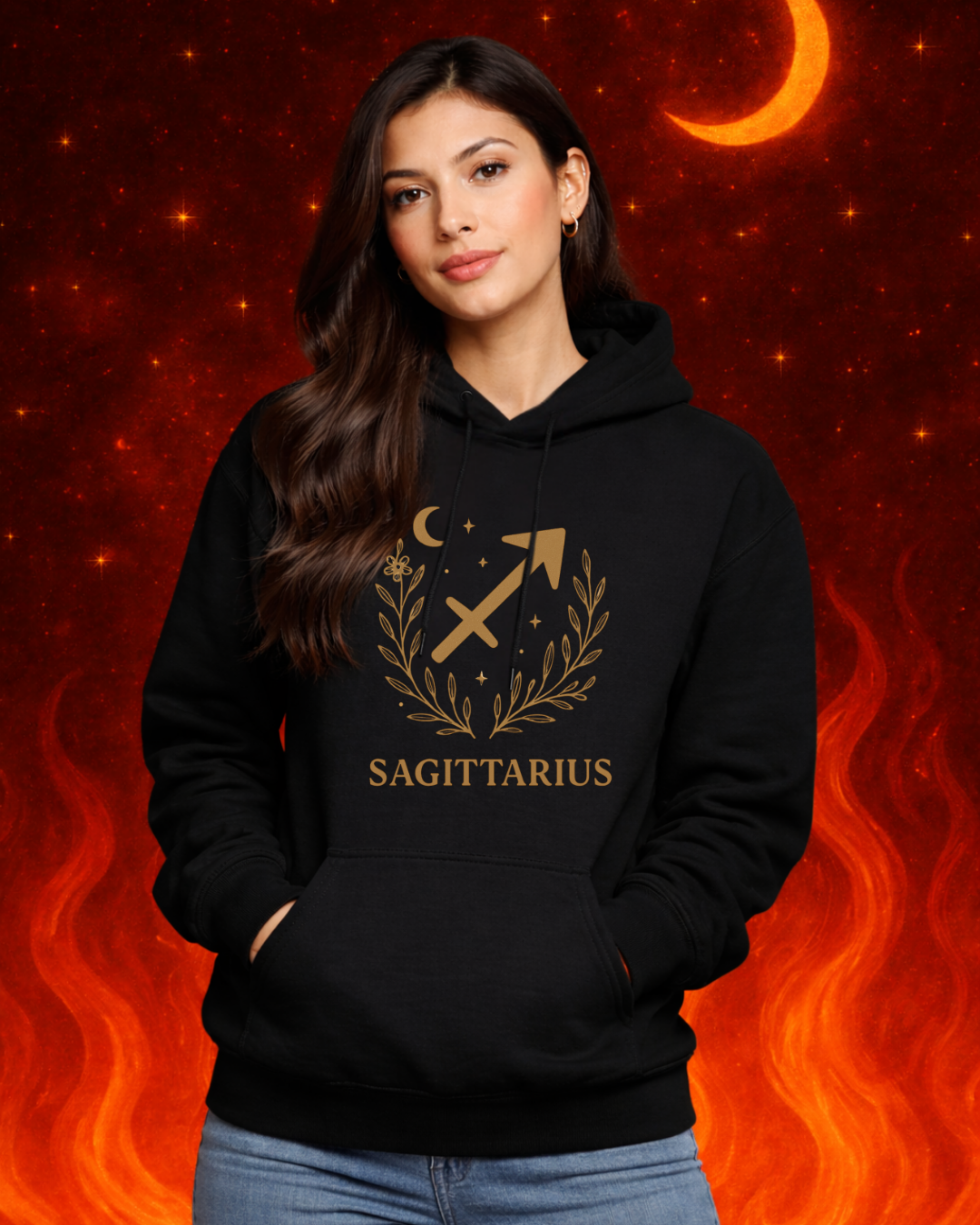 Sagittarius Zodiac Hoodie – Gold Celestial Archer Design on Gildan 18500 Unisex Astrology Sweatshirt