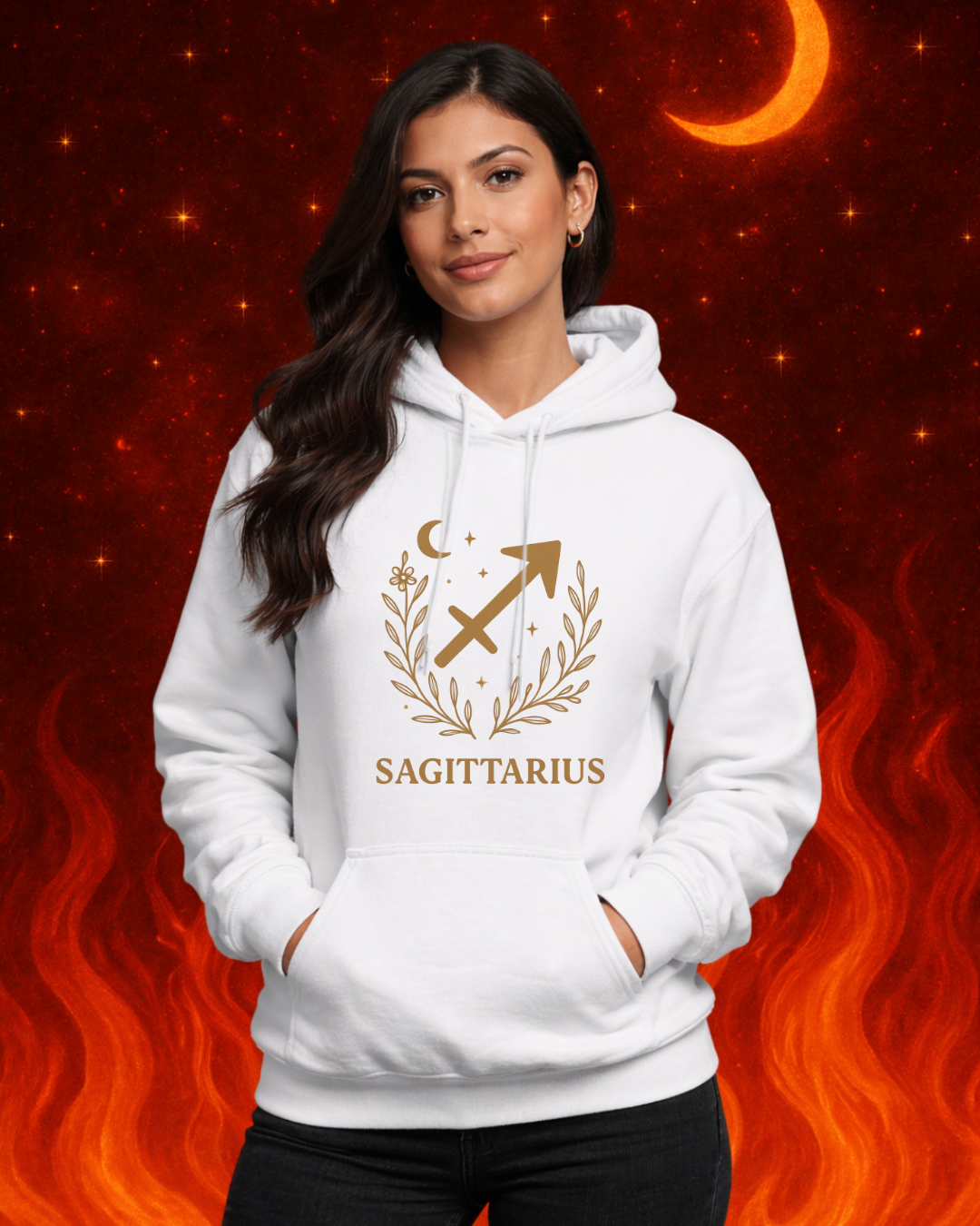 Sagittarius Zodiac Hoodie – Gold Celestial Archer Design on Gildan 18500 Unisex Astrology Sweatshirt