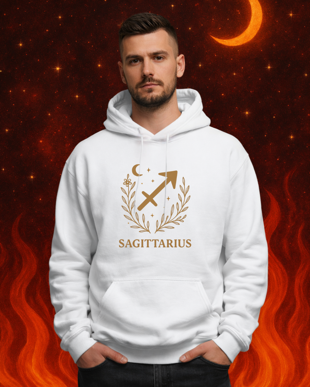 Sagittarius Zodiac Hoodie – Gold Celestial Archer Design on Gildan 18500 Unisex Astrology Sweatshirt