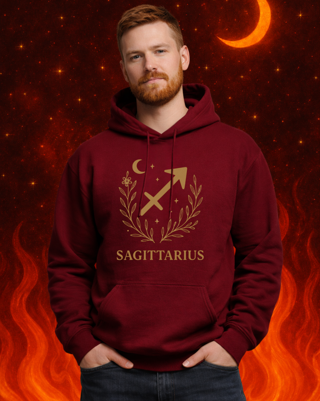 Sagittarius Zodiac Hoodie – Gold Celestial Archer Design on Gildan 18500 Unisex Astrology Sweatshirt