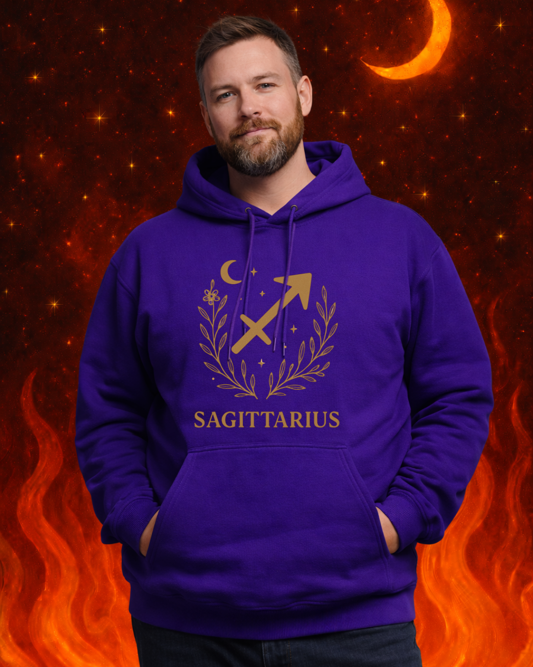 Sagittarius Zodiac Hoodie – Gold Celestial Archer Design on Gildan 18500 Unisex Astrology Sweatshirt