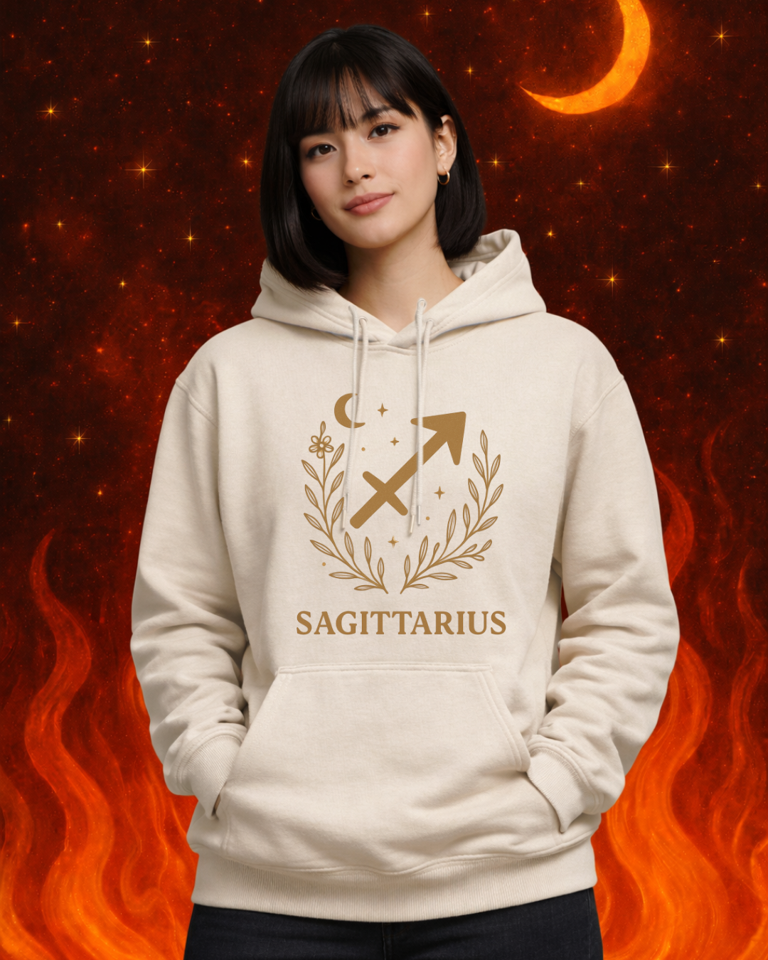 Sagittarius Zodiac Hoodie – Gold Celestial Archer Design on Gildan 18500 Unisex Astrology Sweatshirt
