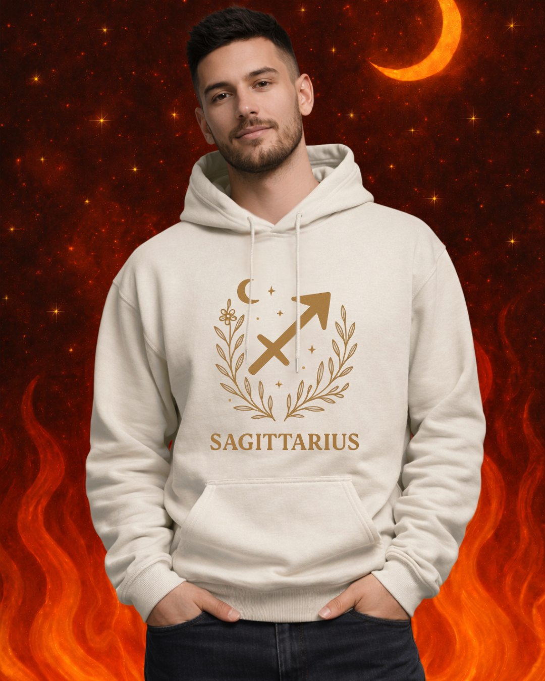 Sagittarius Zodiac Hoodie – Gold Celestial Archer Design on Gildan 18500 Unisex Astrology Sweatshirt