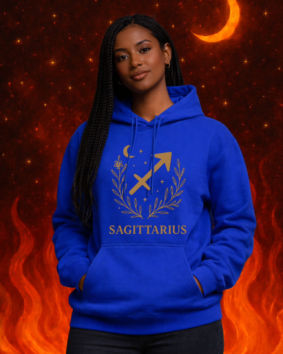 Sagittarius Zodiac Hoodie – Gold Celestial Archer Design on Gildan 18500 Unisex Astrology Sweatshirt