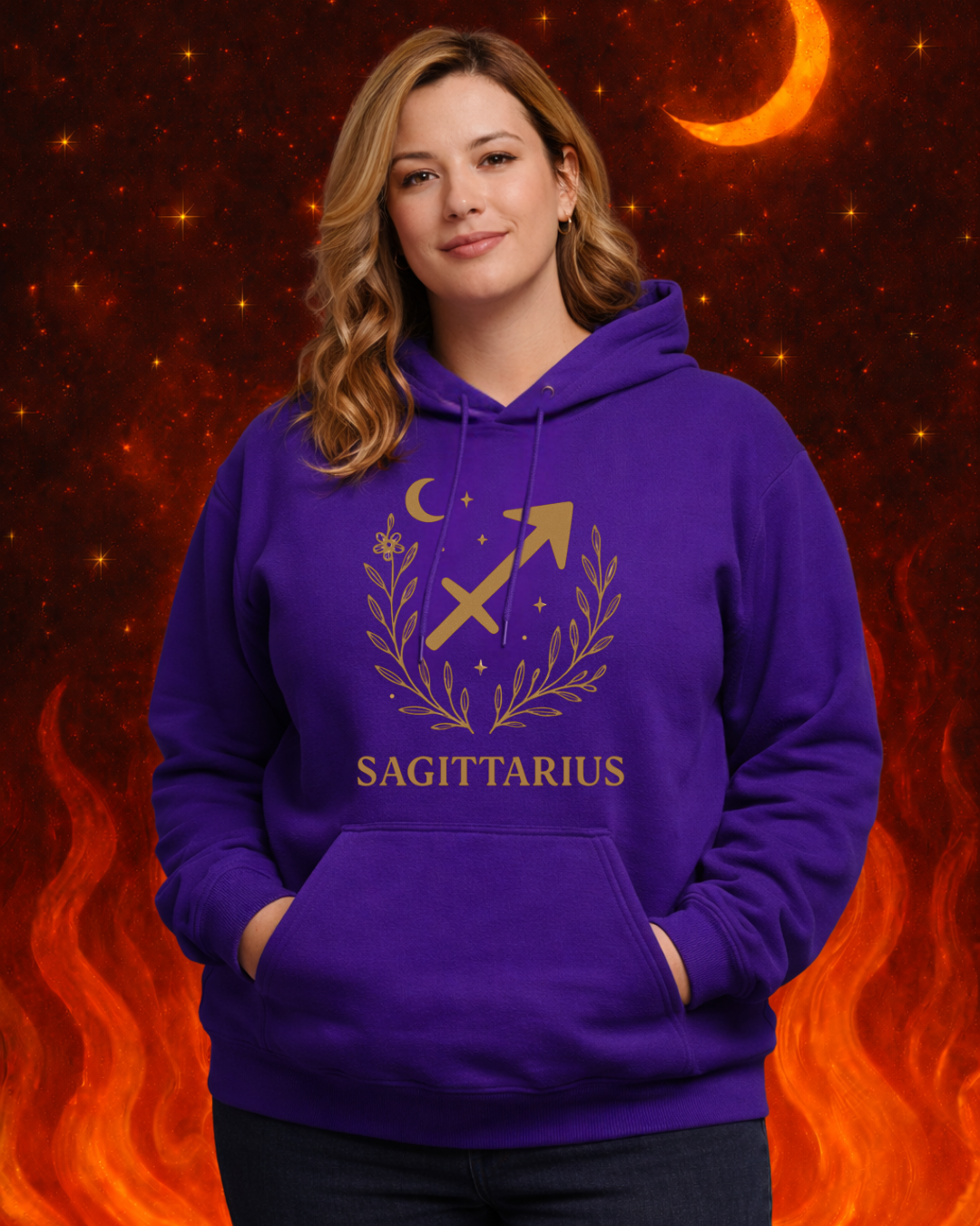 Sagittarius Zodiac Hoodie – Gold Celestial Archer Design on Gildan 18500 Unisex Astrology Sweatshirt