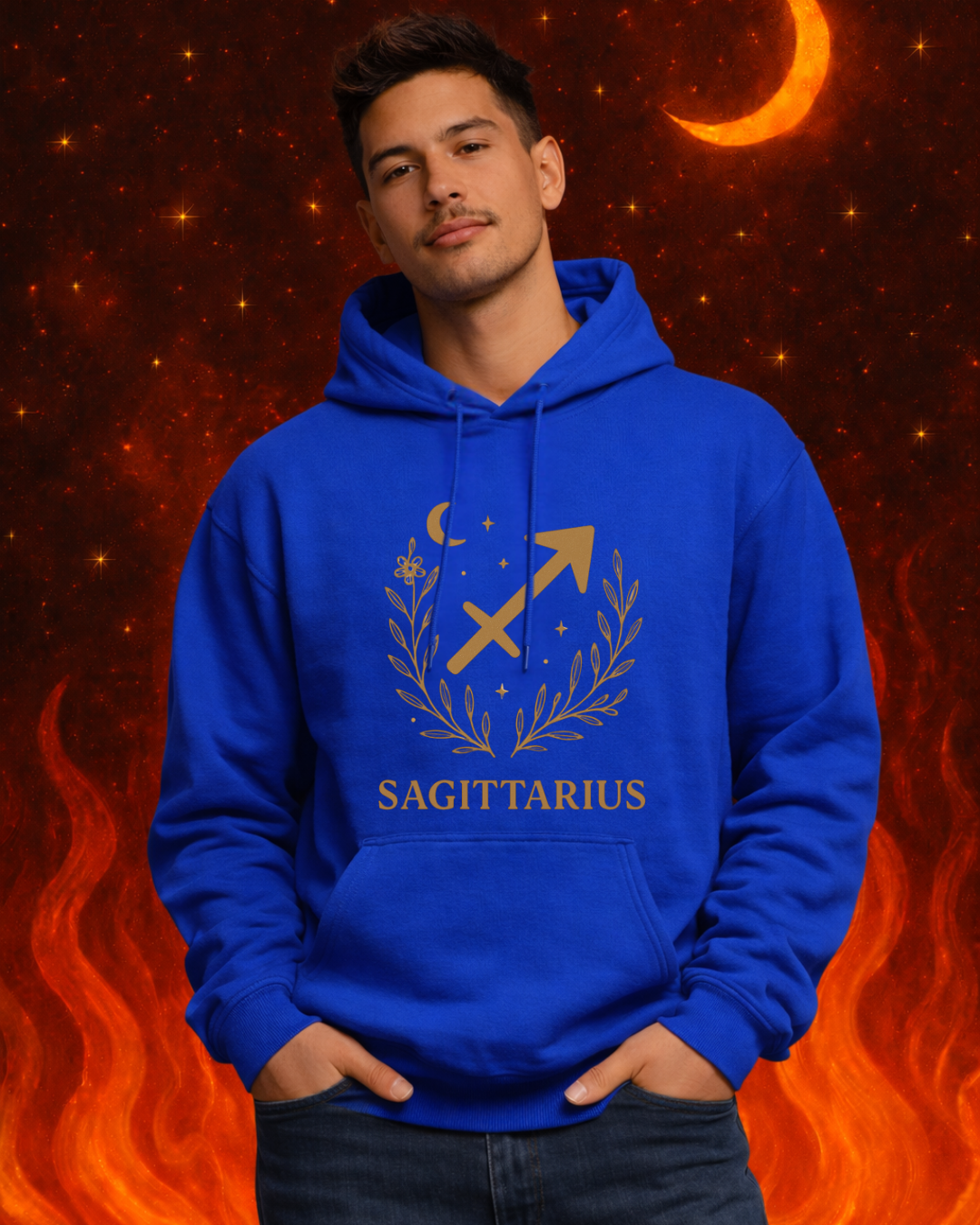 Sagittarius Zodiac Hoodie – Gold Celestial Archer Design on Gildan 18500 Unisex Astrology Sweatshirt