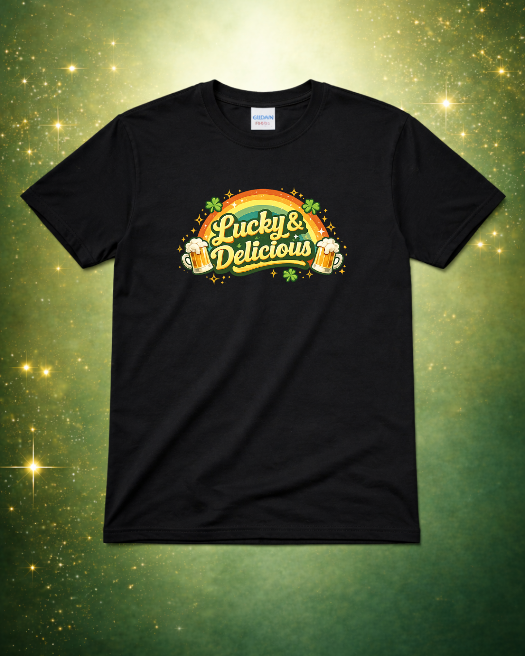 Lucky and Delicious St. Patrick’s Day Shirt – Funny Beer Lover Graphic Tee – Rainbow Shamrock Unisex T-Shirt