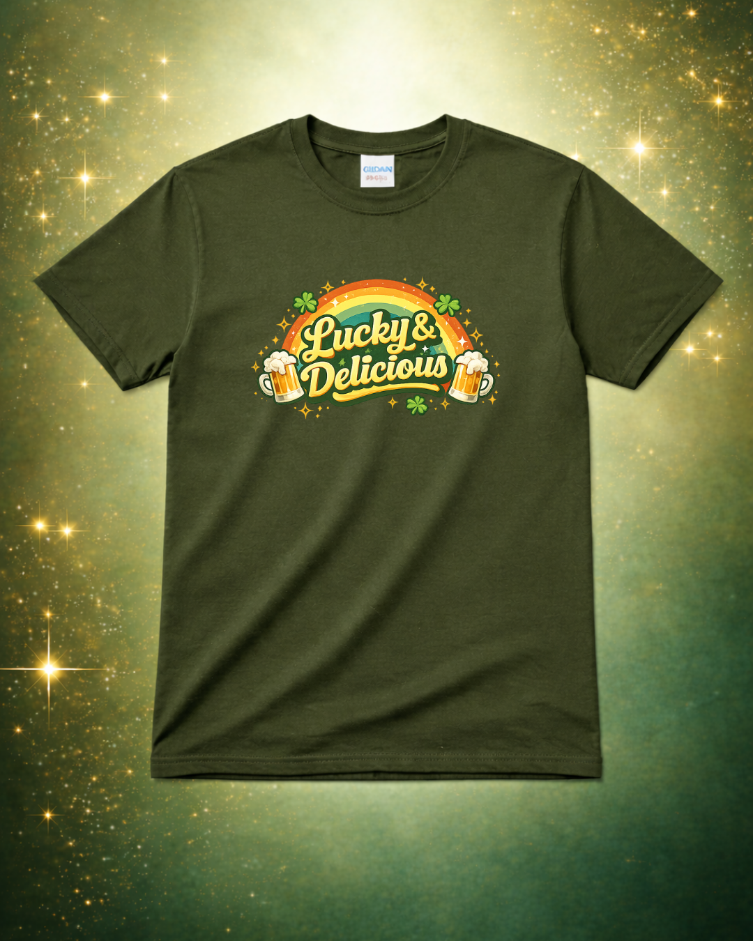 Lucky and Delicious St. Patrick’s Day Shirt – Funny Beer Lover Graphic Tee – Rainbow Shamrock Unisex T-Shirt