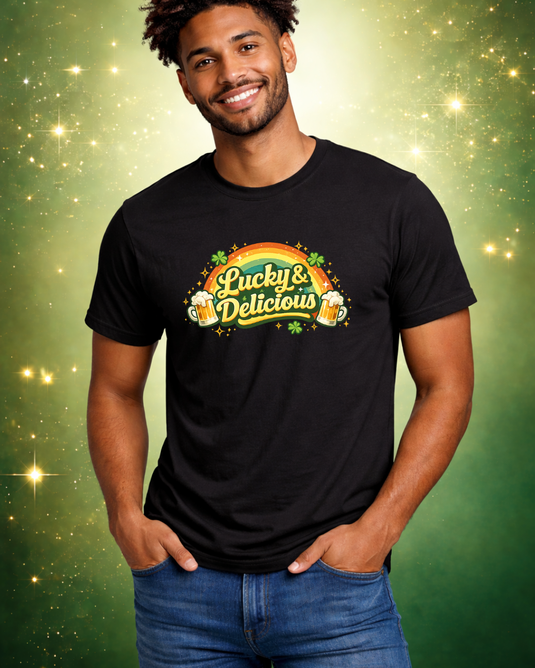 Lucky and Delicious St. Patrick’s Day Shirt – Funny Beer Lover Graphic Tee – Rainbow Shamrock Unisex T-Shirt