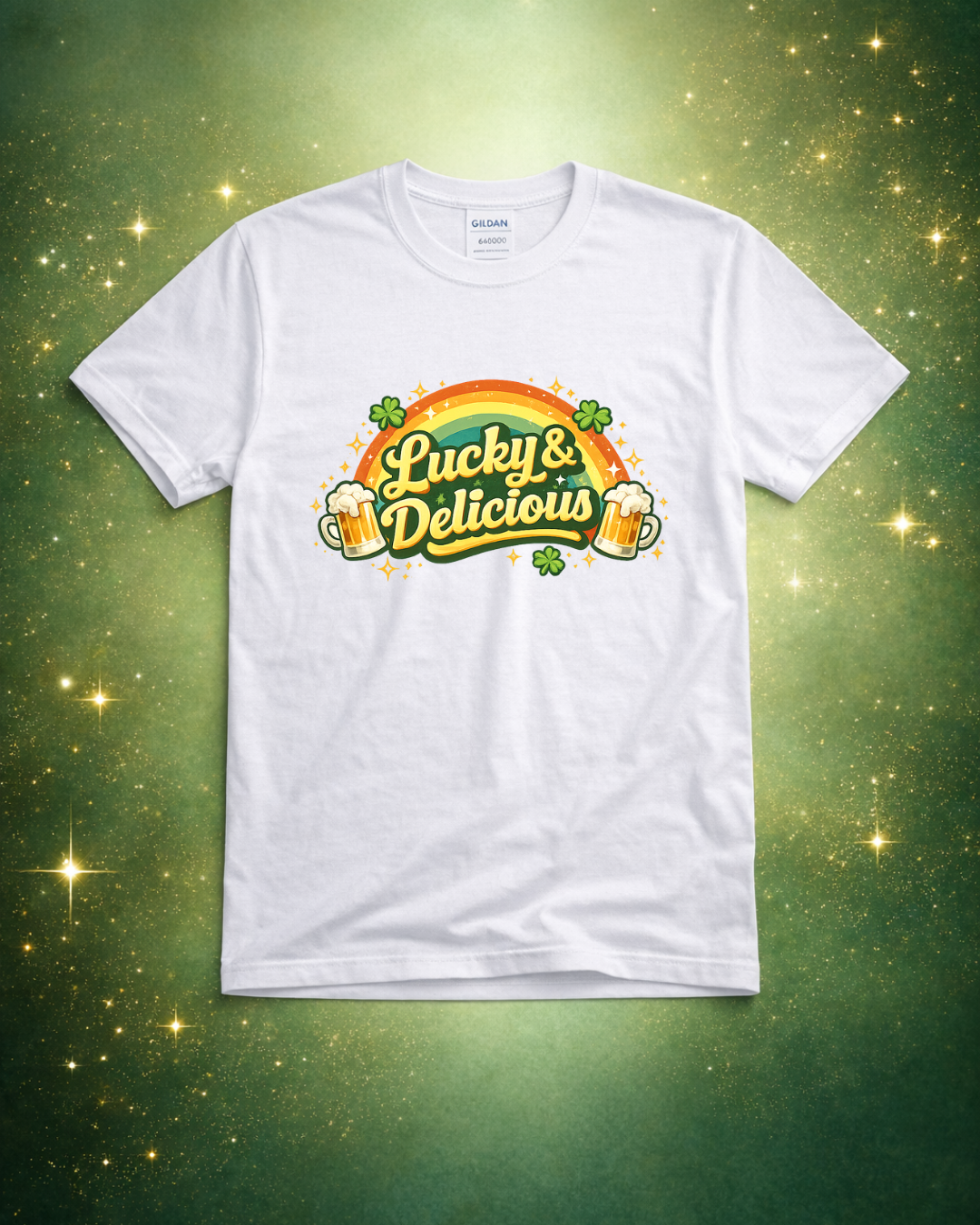 Lucky and Delicious St. Patrick’s Day Shirt – Funny Beer Lover Graphic Tee – Rainbow Shamrock Unisex T-Shirt