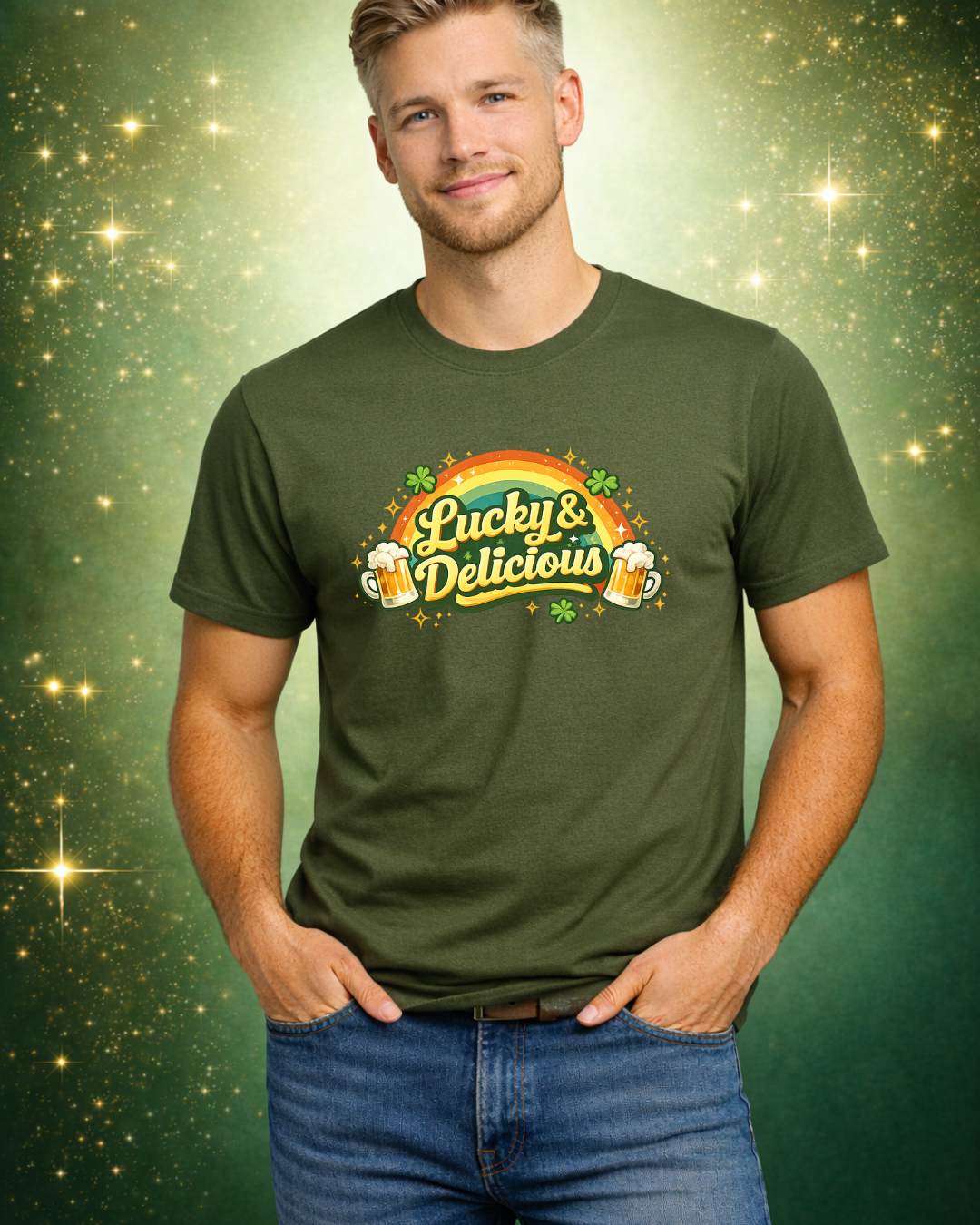 Lucky and Delicious St. Patrick’s Day Shirt – Funny Beer Lover Graphic Tee – Rainbow Shamrock Unisex T-Shirt