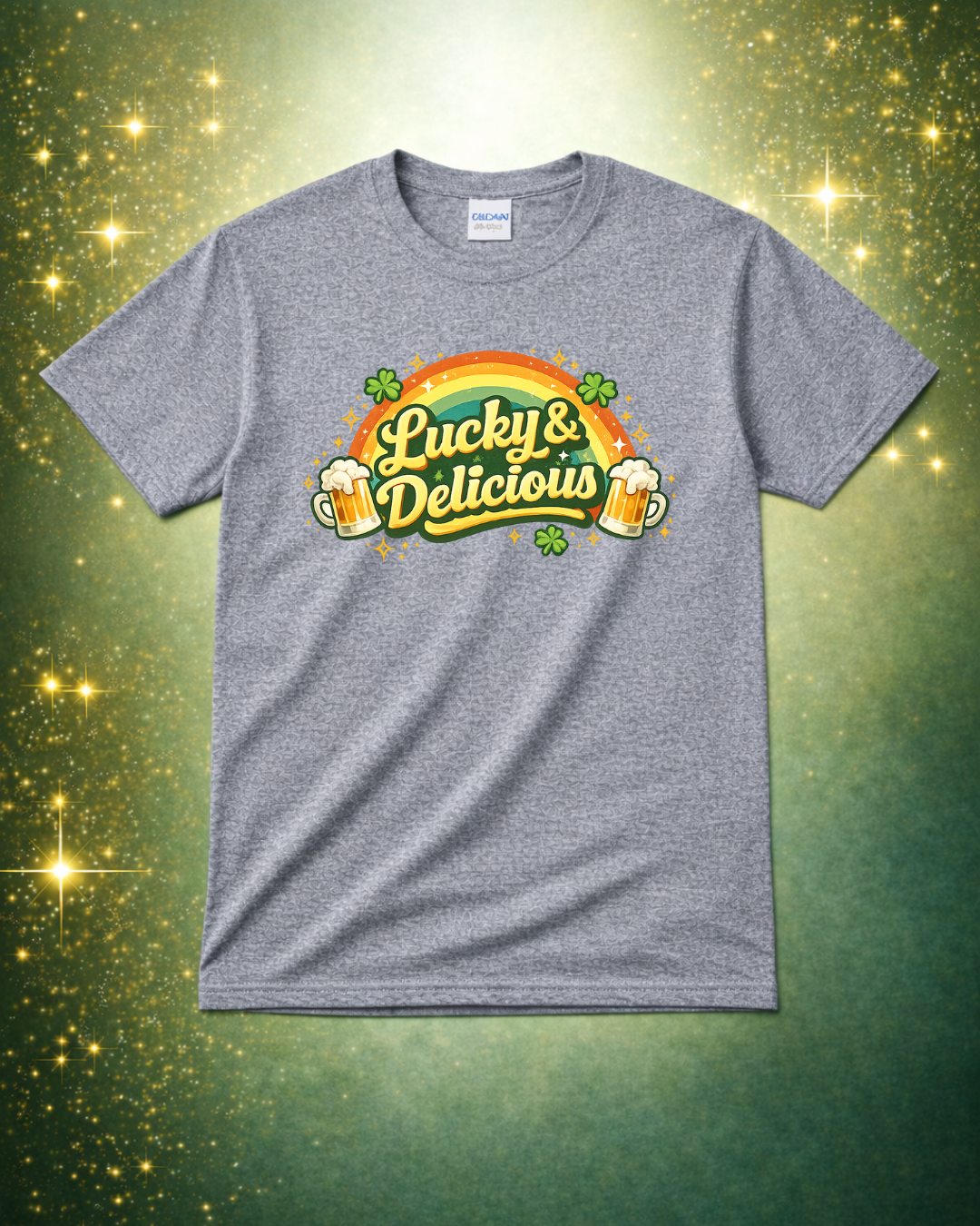 Lucky and Delicious St. Patrick’s Day Shirt – Funny Beer Lover Graphic Tee – Rainbow Shamrock Unisex T-Shirt