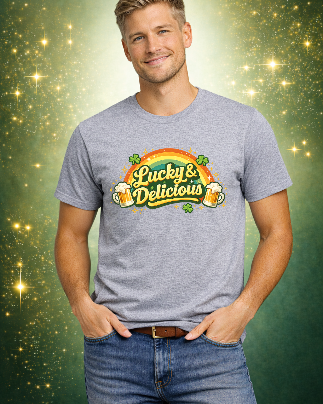 Lucky and Delicious St. Patrick’s Day Shirt – Funny Beer Lover Graphic Tee – Rainbow Shamrock Unisex T-Shirt