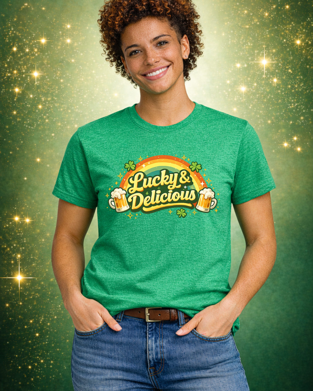 Lucky and Delicious St. Patrick’s Day Shirt – Funny Beer Lover Graphic Tee – Rainbow Shamrock Unisex T-Shirt