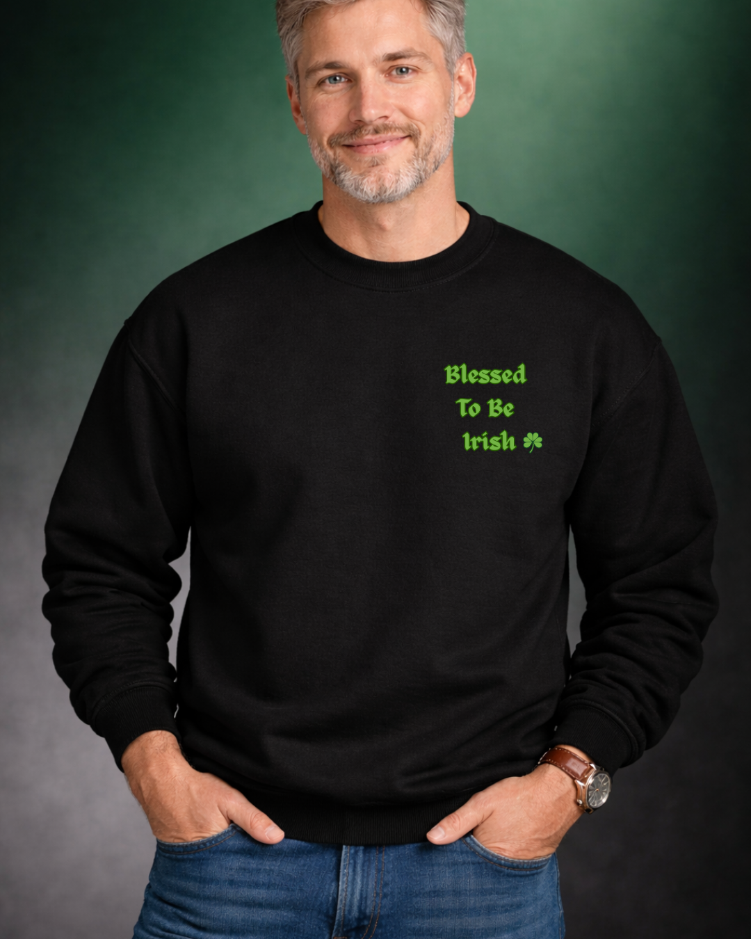 Blessed To Be Irish Embroidered Crewneck Sweatshirt – St Patrick’s Day Shamrock Pullover – Gildan 18000 Unisex