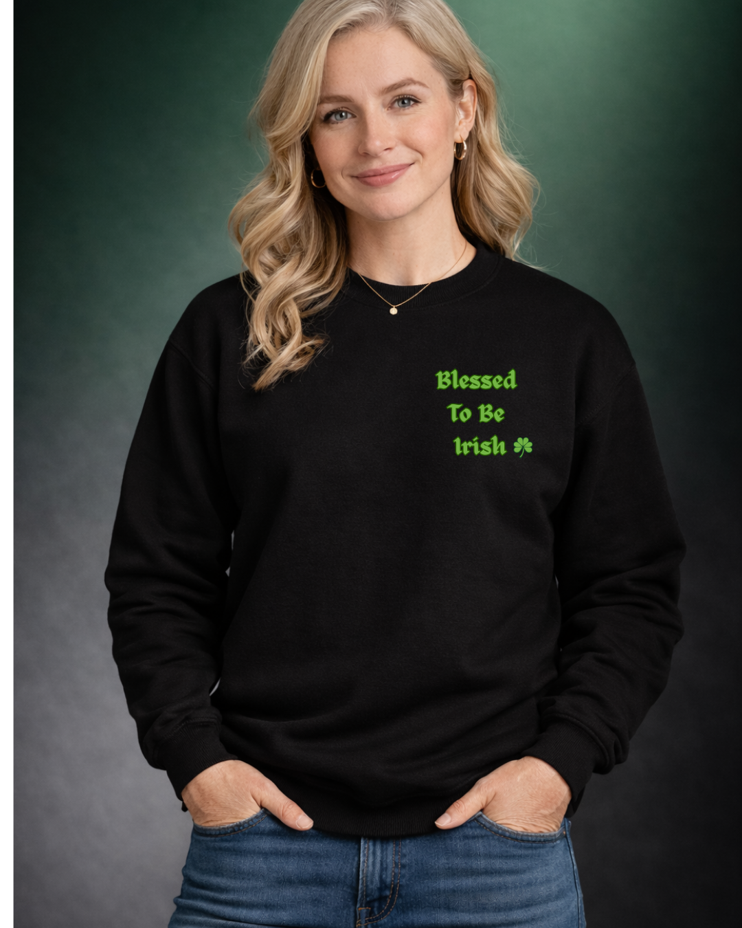 Blessed To Be Irish Embroidered Crewneck Sweatshirt – St Patrick’s Day Shamrock Pullover – Gildan 18000 Unisex