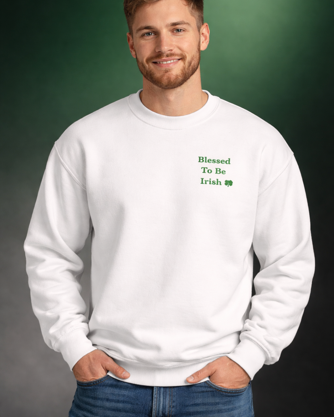 Blessed To Be Irish Embroidered Crewneck Sweatshirt – St Patrick’s Day Shamrock Pullover – Gildan 18000 Unisex