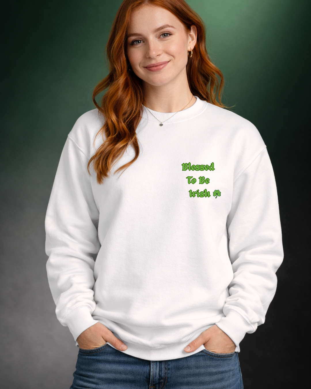 Blessed To Be Irish Embroidered Crewneck Sweatshirt – St Patrick’s Day Shamrock Pullover – Gildan 18000 Unisex