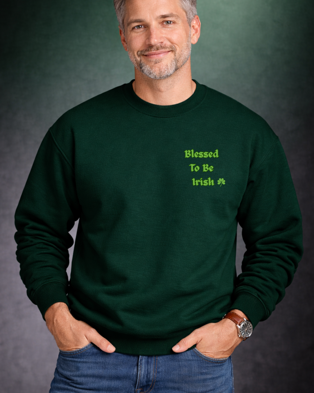 Blessed To Be Irish Embroidered Crewneck Sweatshirt – St Patrick’s Day Shamrock Pullover – Gildan 18000 Unisex