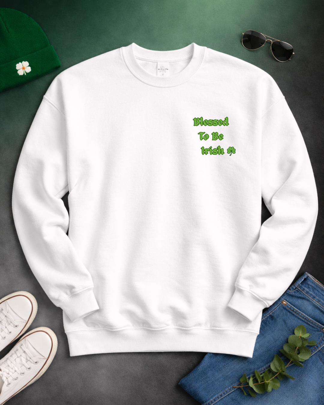 Blessed To Be Irish Embroidered Crewneck Sweatshirt – St Patrick’s Day Shamrock Pullover – Gildan 18000 Unisex