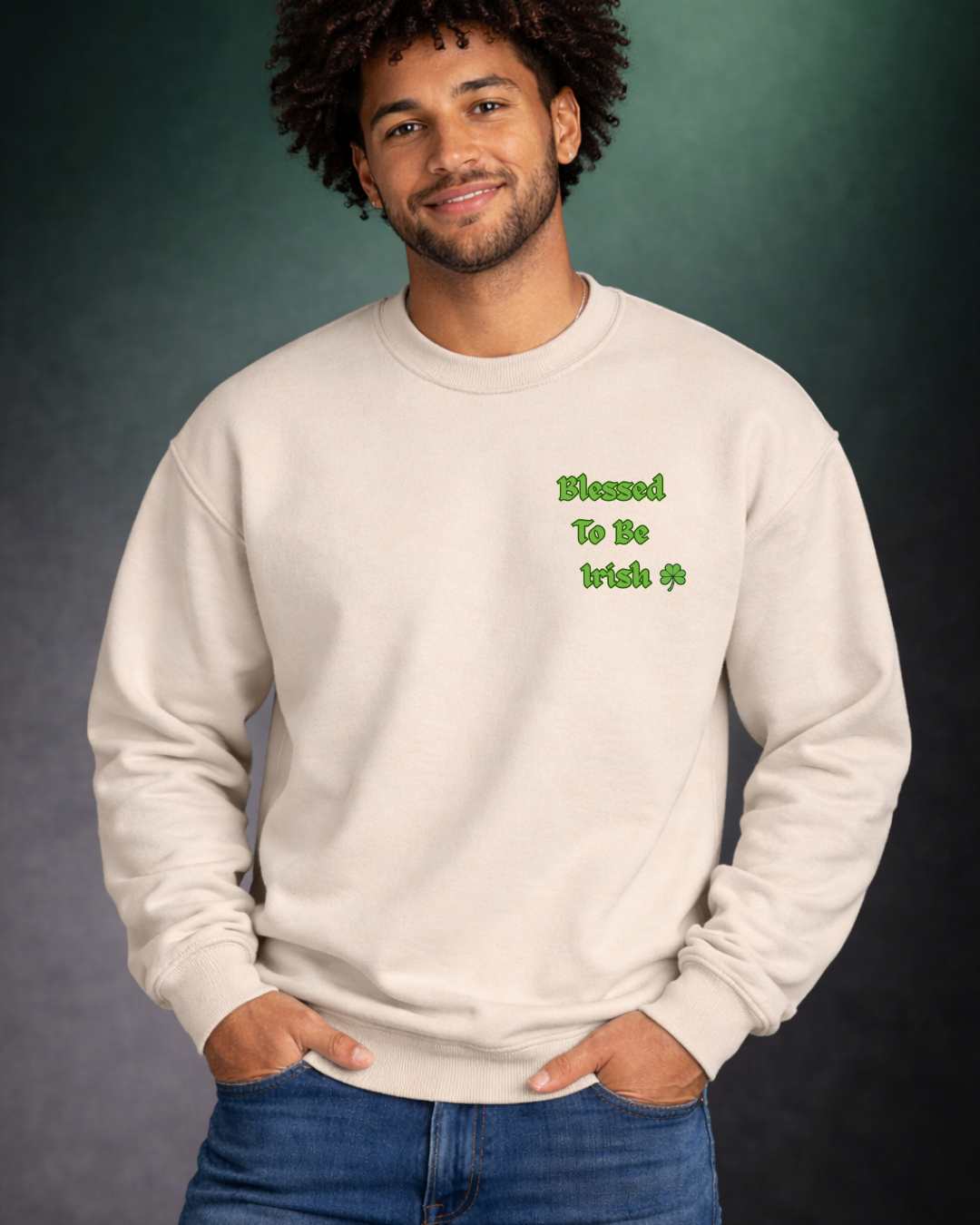 Blessed To Be Irish Embroidered Crewneck Sweatshirt – St Patrick’s Day Shamrock Pullover – Gildan 18000 Unisex