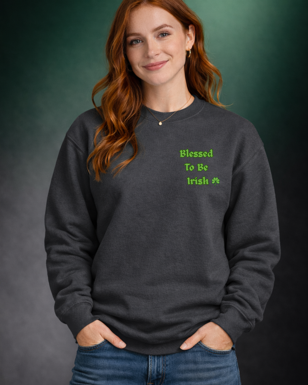 Blessed To Be Irish Embroidered Crewneck Sweatshirt – St Patrick’s Day Shamrock Pullover – Gildan 18000 Unisex